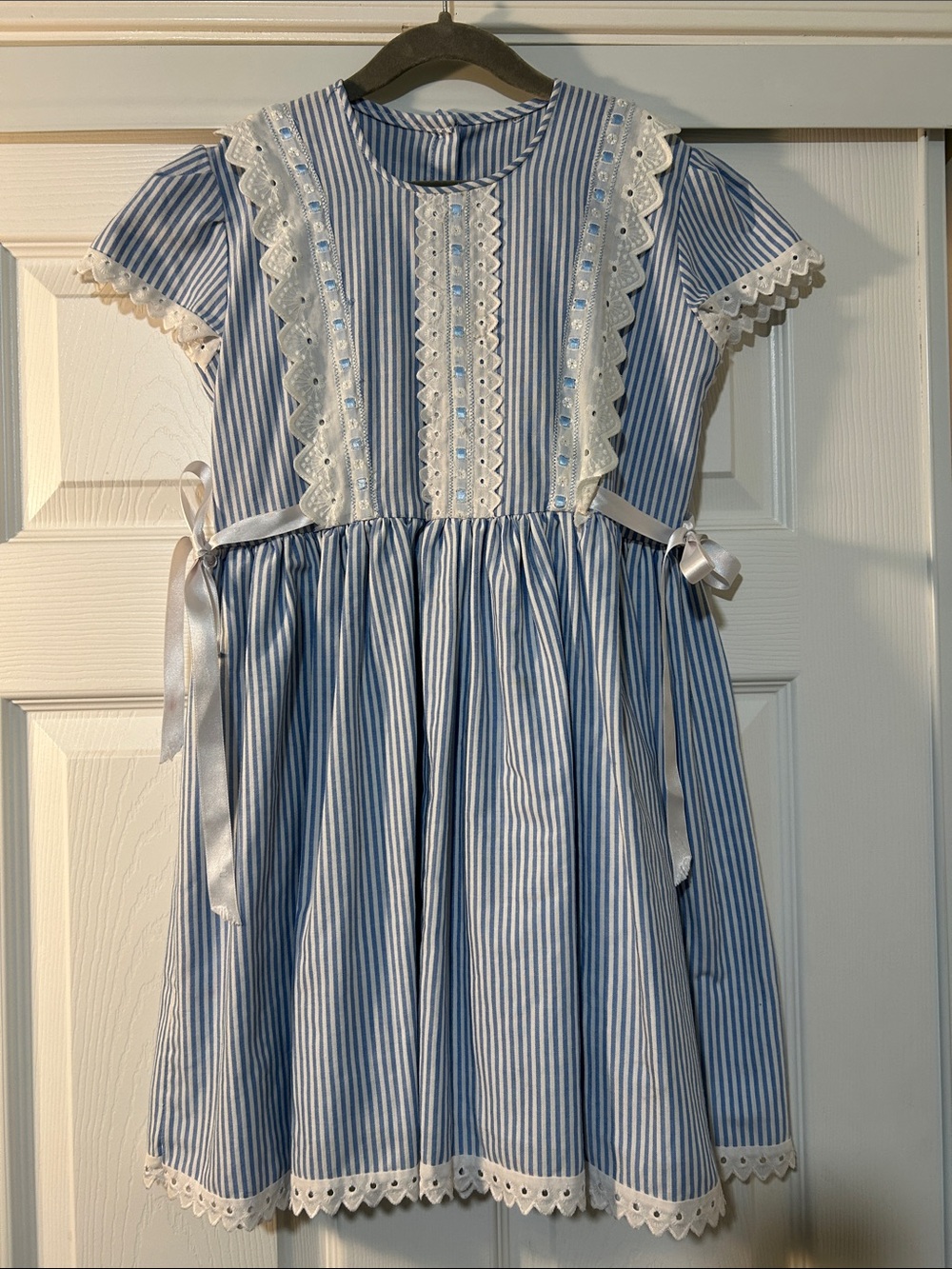 Classic Blue Stripe Lace-Trim Girls Dress
